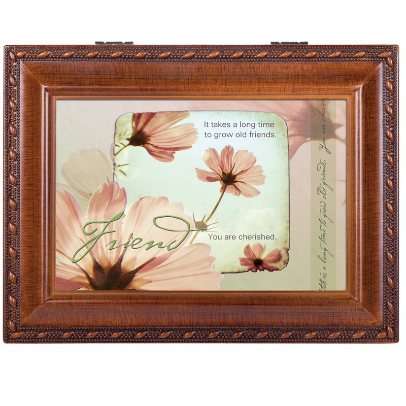 Cottage Garden Old Friends Friendship Woodgrain Rope Trim Music Jewelry Box Plays That's What Friends are for - Image 3